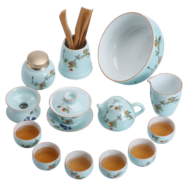Green And White Porcelain Chinese Tea Set 柿柿如意