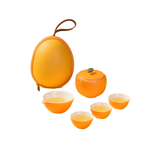 Chinese Orange Ceramic Tea Set Travel Set 大吉大利