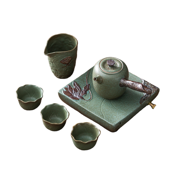Coarse Pottery Green Lotus Tea Set