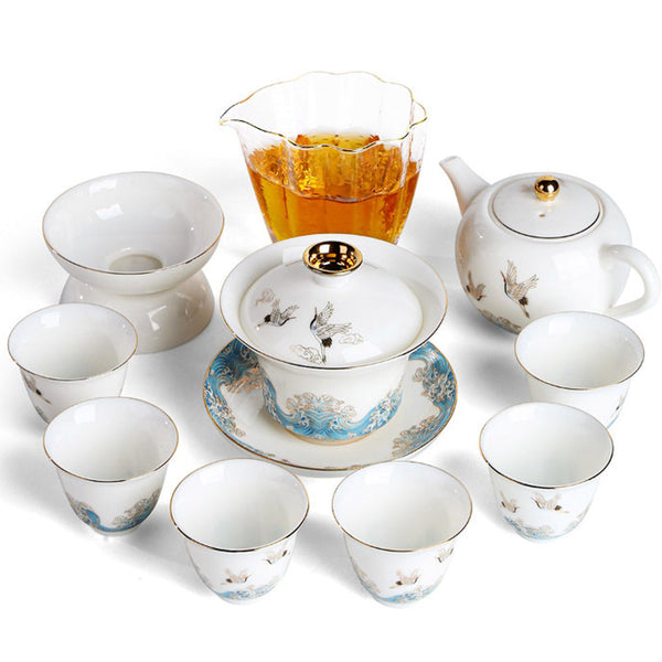 Dehua Sheep Jade Ceramic Tea Set - Crane